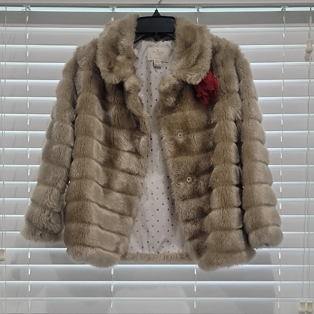 Kate Spade New York girls' faux mink coat in tan with a red rosette